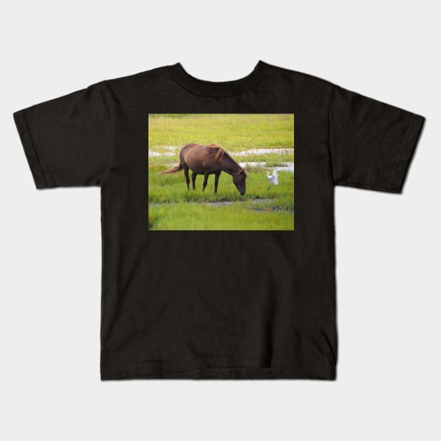 Assateague Pony and Cattle Egret in the Marsh Kids T-Shirt by Swartwout